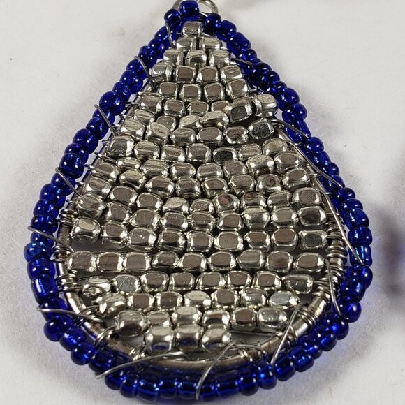 Silver tone Criss-Crossed Wired Hoop - Blue & Silver Beads Teardrop Earrings - Picture 2 of 3